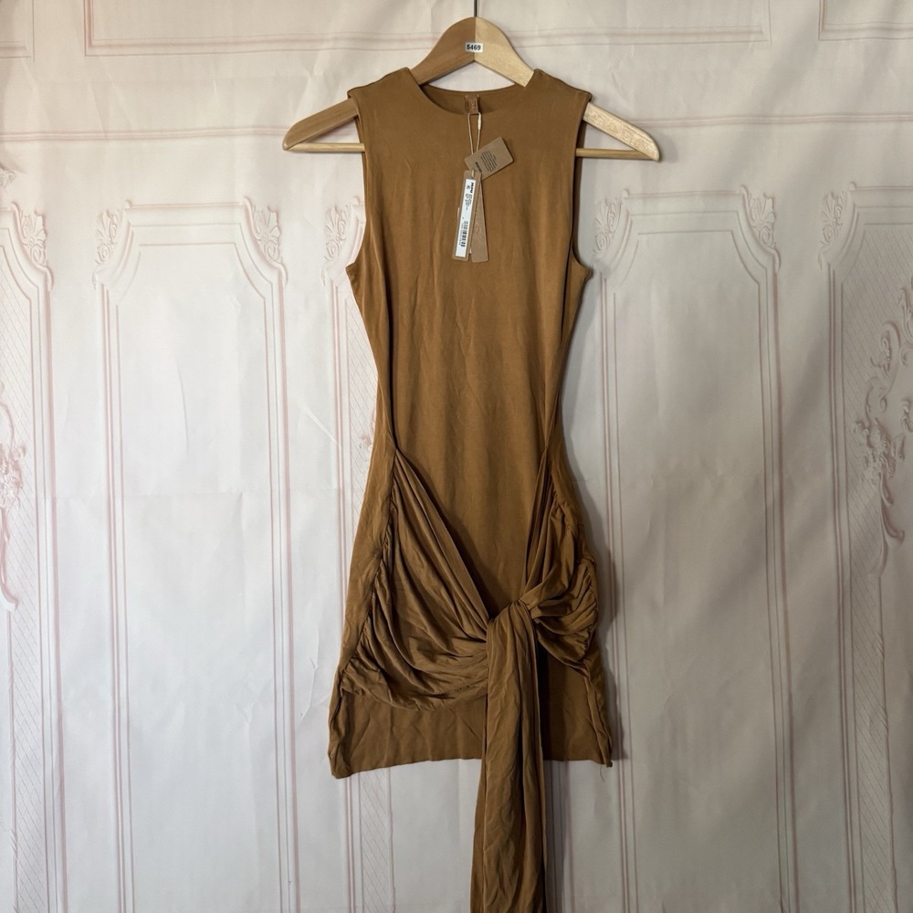 Skims Cupro Jersey Mini Wrap Dress In Almond Sz XS NWT $168